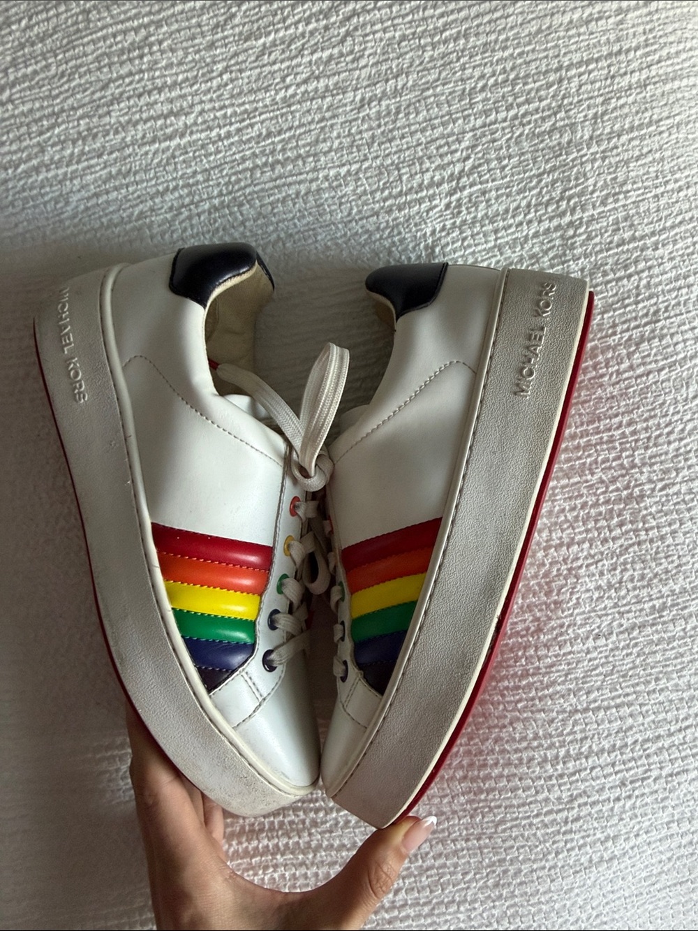 MICHAEL Michael Kors White Leather Sneakers with Rainbow Stripes